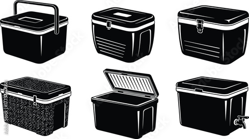 Cooler box vector set, ice chest illustration, insulated container design, picnic storage box, camping cooler, outdoor beverage preservation equipment