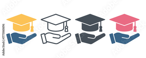 Hand holding graduation cap, set of icons in different styles