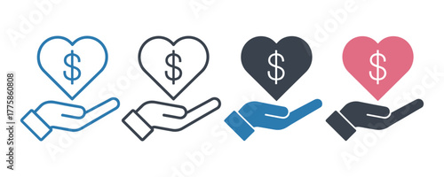 Four icons of a hand holding a heart with a dollar sign, representing financial support, charity, and investment
