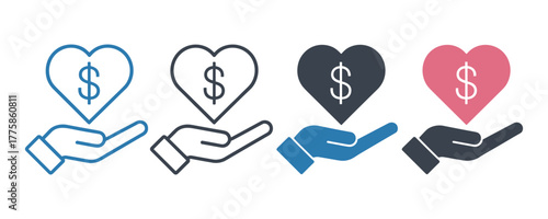 Four icons of a hand holding a heart with a dollar sign, representing financial support, charity, and investment