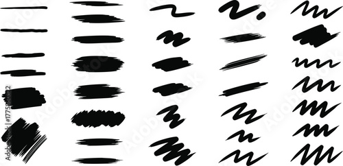 Collection of varied brush strokes, ink splatters, shapes on transparent backdrop