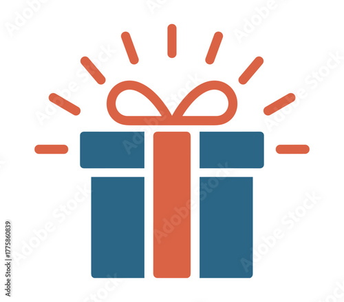A stylized icon of a gift box with a ribbon and radiating lines, symbolizing a present, surprise, or celebration