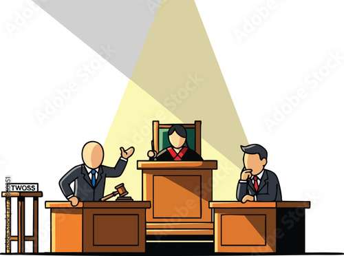 Courtroom scene with a judge a lawyer and a defendant under a spotlight legal justice system