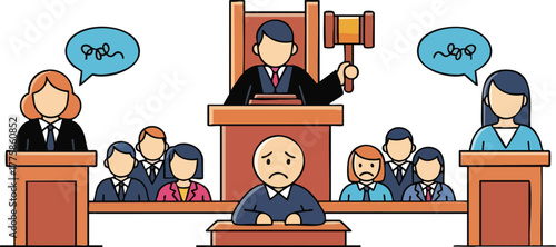 Courtroom scene with judge lawyers and confused defendant during legal proceeding