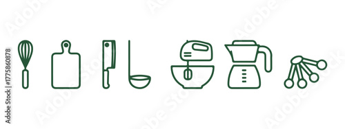 Monochrome vector icons representing kitchen tools and cooking equipment, set against a white background.