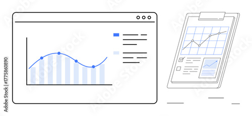 Data chart on computer screen displays growth analysis and trends. Clipboard with charts shows performance metrics. Ideal for business, reports, analytics, research, strategy, planning, simple flat