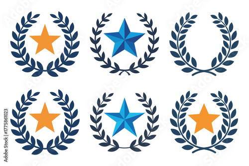 Collection of six laurel wreath icons with stars, representing achievement and success