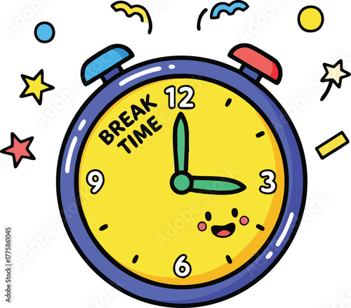 Cute Alarm Clock With Break Time Message And Smiling Face Signaling A Pause From Work Or School