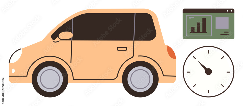 Naklejka premium Compact orange car accompanied by chart of performance data and clock. Ideal for mobility, analytics, speed, time, automotive technology, efficiency, modern transportation. Simple flat metaphor