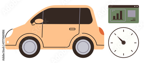 Compact orange car accompanied by chart of performance data and clock. Ideal for mobility, analytics, speed, time, automotive technology, efficiency, modern transportation. Simple flat metaphor