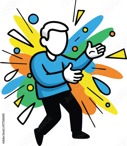 Energetic Man With White Gloves Gesturing In Front Of Colorful Abstract Explosion Background