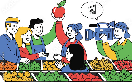 Happy People Shopping for Fresh Produce at a Farmers Market with a Videographer Filming the Scene
