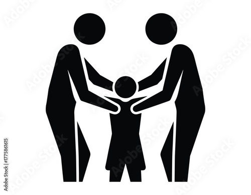 Family icon with two adults and a child, representing parental care, unity, and child support