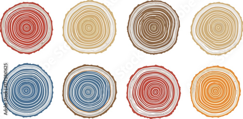 Colorful Tree Rings Collection, Growth Rings, Wood Texture, Art on White