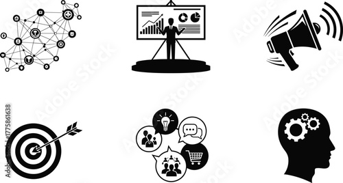 Business communication network, marketing strategy, leadership presentation, teamwork innovation, target success, digital idea exchange, data analysis concept, professional growth vector illustration