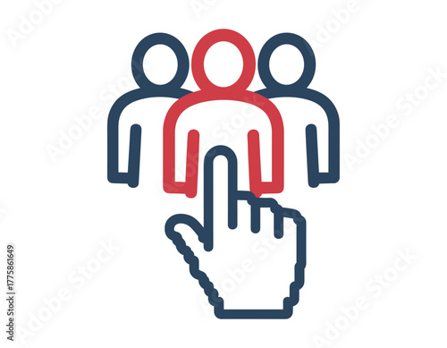 Hand cursor clicking on a red person icon in a group of people, representing selection or choosing someone