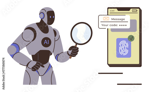 AI robot holding magnifying glass inspecting smartphone with fingerprint, 2FA code, and security message. Ideal for technology, AI, cybersecurity, data protection, digital identity, innovation fraud