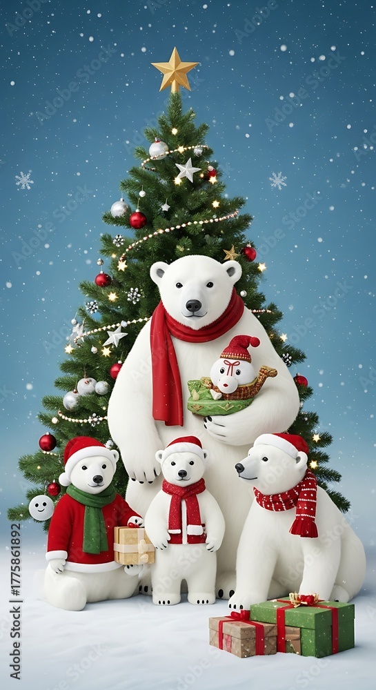 Fototapeta premium Festive Polar Bear Family Christmas Celebration with Decorated Tree and Gifts.