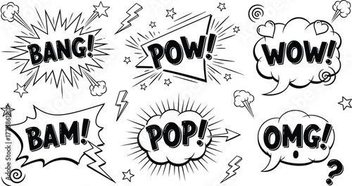 Comic Sound Effects Speech Bubbles with Expressions on Transparent Background