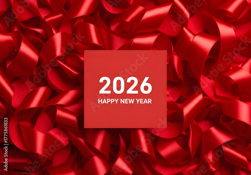 Happy new year 2026 greeting card on red ribbon background texture