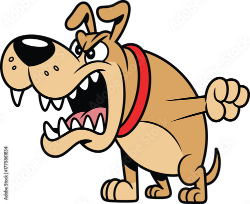 Cartoon angry dog with red collar, muscular build, clenched paw, fierce expression, mascot character, aggressive stance, security logo design