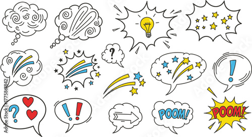 Comic speech bubbles design with question mark, hearts, stars, lightbulb and boom text