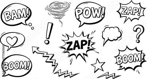 Comic Speech Bubbles Collection with Cartoon Sound Effects on Transparent Background