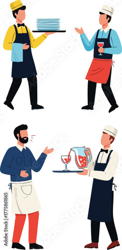 Four diverse people in restaurant attire preparing food and serving drinks in a clean white background