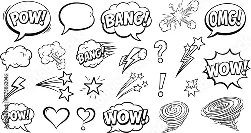 Comic Speech Bubbles with Cartoon Explosions, Heart, Tornado on Transparent Background