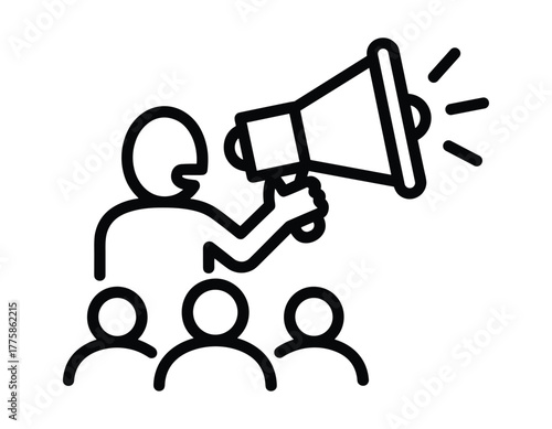Person with megaphone speaking to a group of people, black and white line art icon
