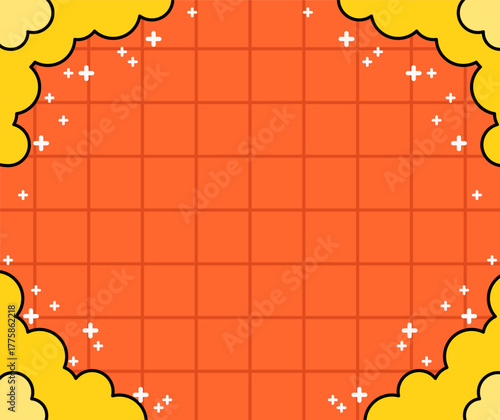 Cheerful and vibrant orange background with yellow fluffy clouds and small white sparkles surrounding the frame, perfect for banners, posters, or text space in vector cartoon style