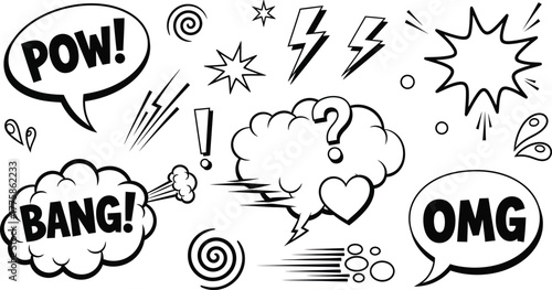 Comic Style Black Outline Speech Bubbles, Exclamations, on Transparent Background