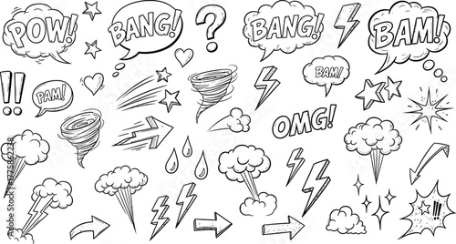 Comic Speech Bubbles, Cartoon Explosions, Arrows, Stars Doodle Style