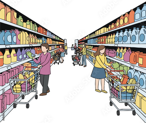 People Shopping in a Supermarket Aisle Lined with Colorful Shelves Stocked with Products