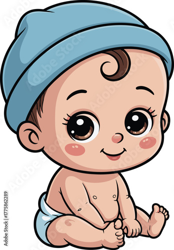 Cartoon baby sitting, blue beanie, big eyes, rosy cheeks, cute smile, diaper pose, vector illustration, digital artwork, child character