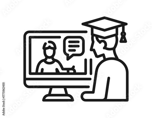 Student in graduation cap watching online lecture on computer, representing distance learning and education