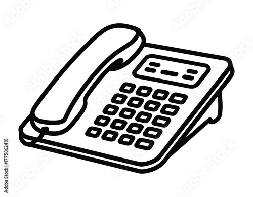 Black and white line drawing of a modern office telephone with a keypad and handset