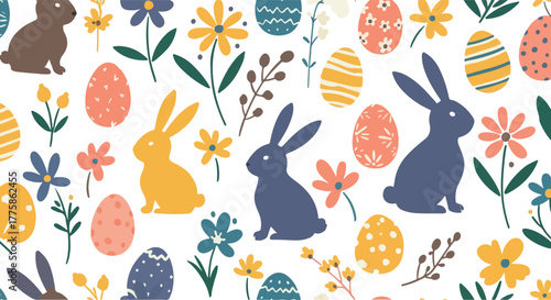 Pixel Art Easter Bunnies And Eggs Seamless Pattern White Background