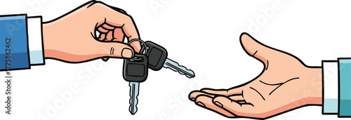 Hand passing car keys to another hand isolated on white background pixel art