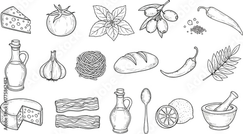 Culinary Ingredients Sketch Collection Cheese, Tomato, Herbs, Olive, Pepper, Oil