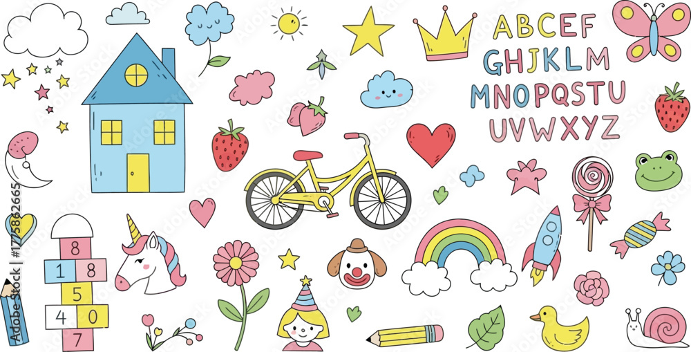 Fototapeta premium Cute Doodle with House, Bicycle, Rainbow, Lollipop, Stars and Unicorn