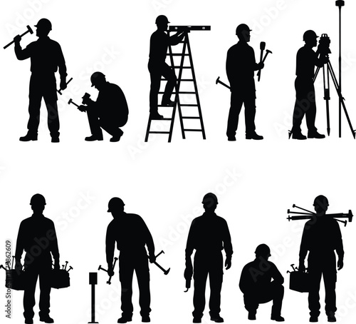 Construction workers silhouette set, industrial labor icons, surveyor, ladder, toolbox, jackhammer, vector illustration, site tools, cad drawing flat vector illustration