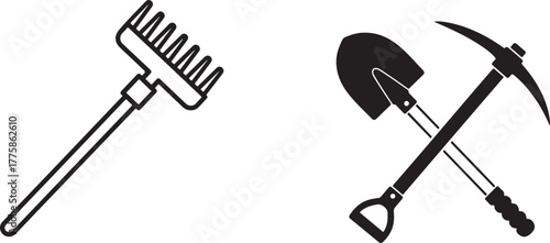 Black and White Vector Icons of Rake, Shovel, and Pickaxe Tools