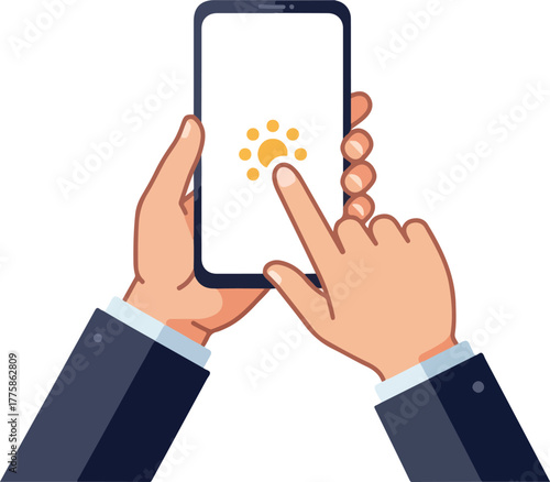 Pixel Art Hands Holding Smartphone Touching Sun App Yellow Orange