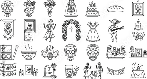 Day of the Dead Line Art Icons Sugar Skulls, Skeleton Family, Offerings, Celebration