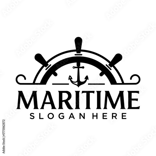 Maritime logo design with ship steering wheel and anchor illustration.