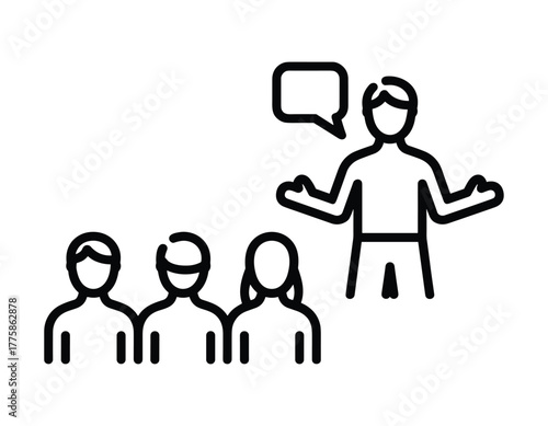 Speaker addressing an audience with a speech bubble