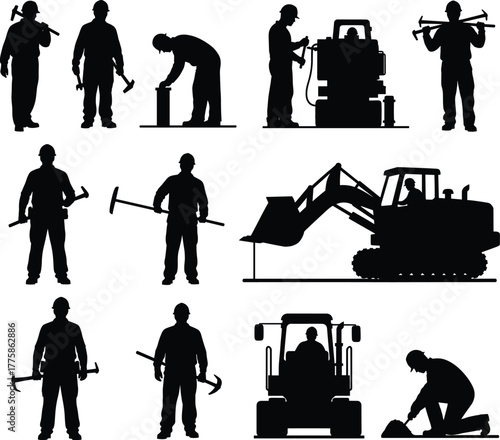 Construction workers silhouette set, industrial tools, heavy equipment, labor icons, black vector illustration, CAD drawing flat vector illustration, editable