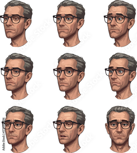 Pixel Art Man Portrait Set Expressing Various Emotions with Glasses