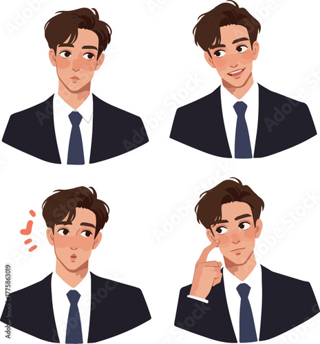 Pixel Art Man Portrait Expressions White Background Dark Suit Blue Tie Blush